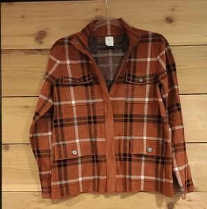 Joie Rust Plaid Knit Zip Up Jacket Sz Medium with Dual Chest Pockets Rayon